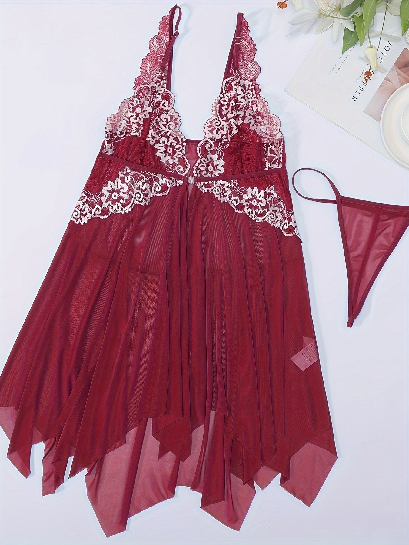 Women's Floral Embroidered Lingerie Dress Plus Size Mesh Slip with Thong