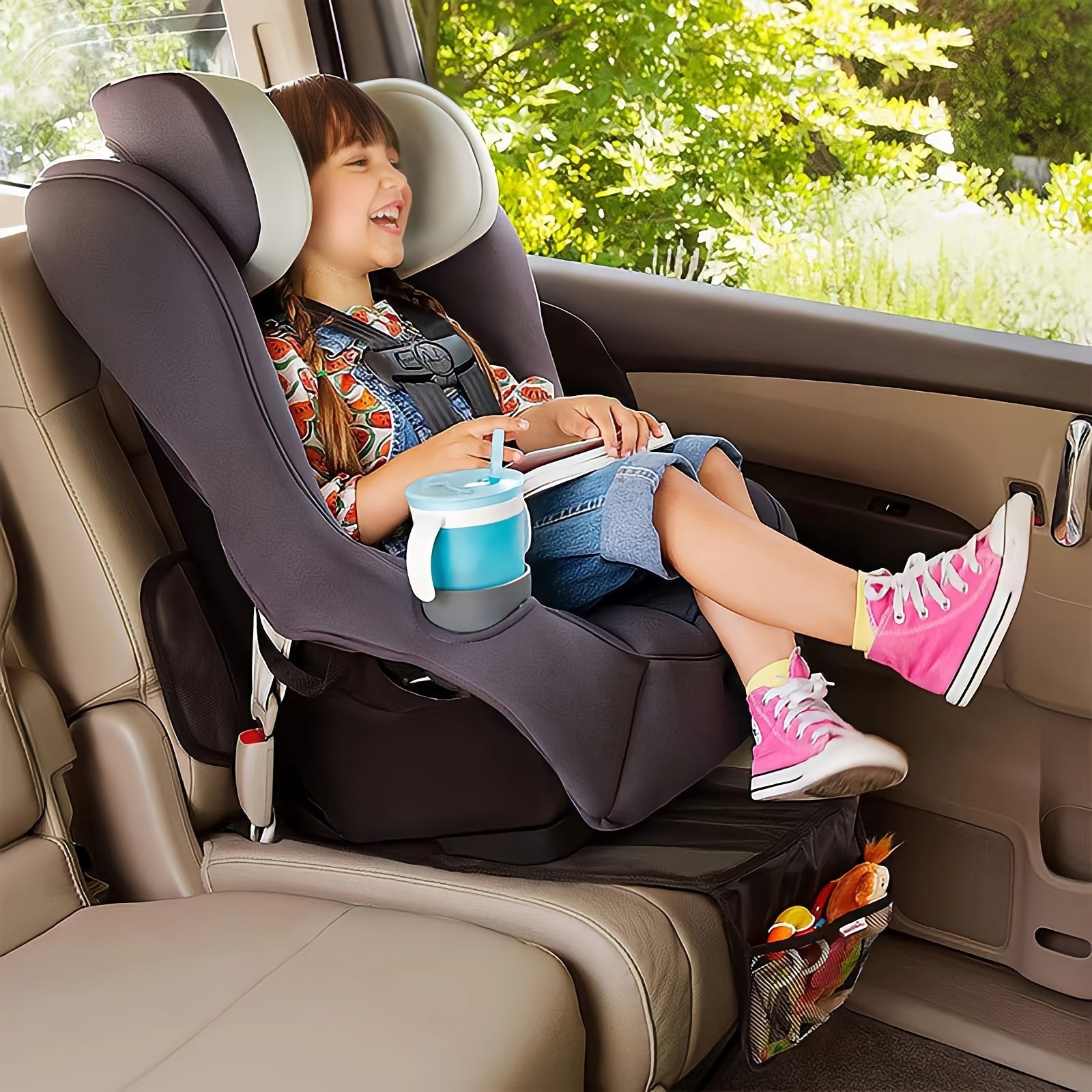 Car Seat Protector for Children Oxford Fabric Anti-Slip Mesh PVC Faux Leather Corners