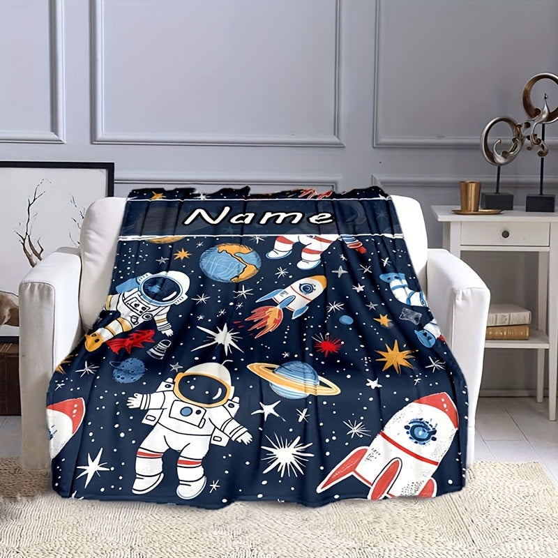 Personalized Space-Themed Astronaut Rocket Blanket Flannel Velvet Cozy Throw for Autumn Winter