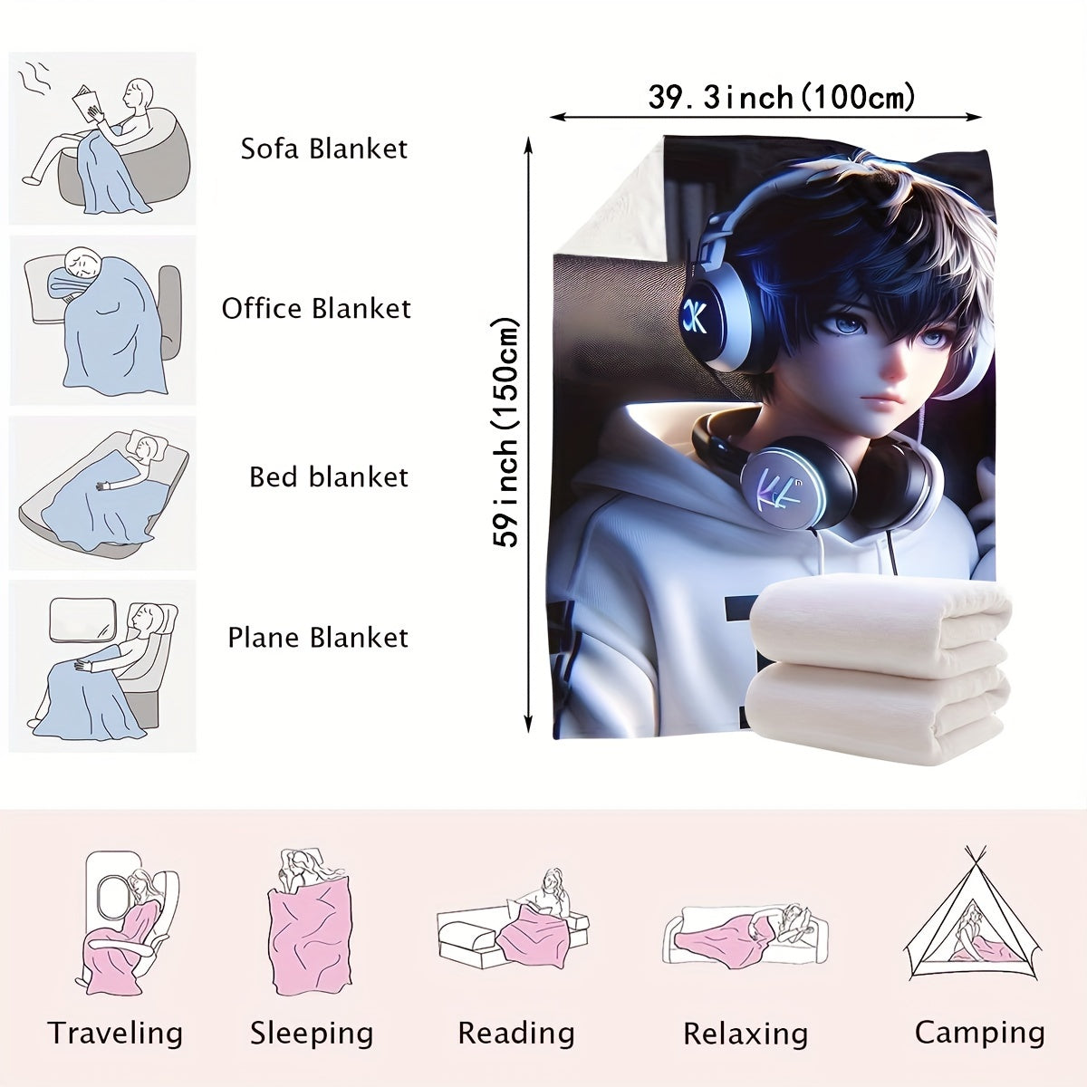 Music Melody Throw Blanket Digital Print Polyester Lightweight Cozy for Bedroom Sofa Car Travel