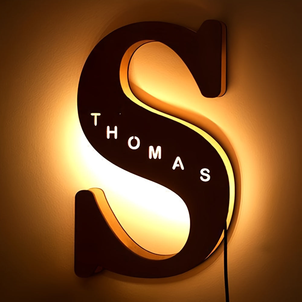 Luz nocturna de letras LED de madera personalizada para dormitorio, lámpara de pared personalizada, alimentada por USB