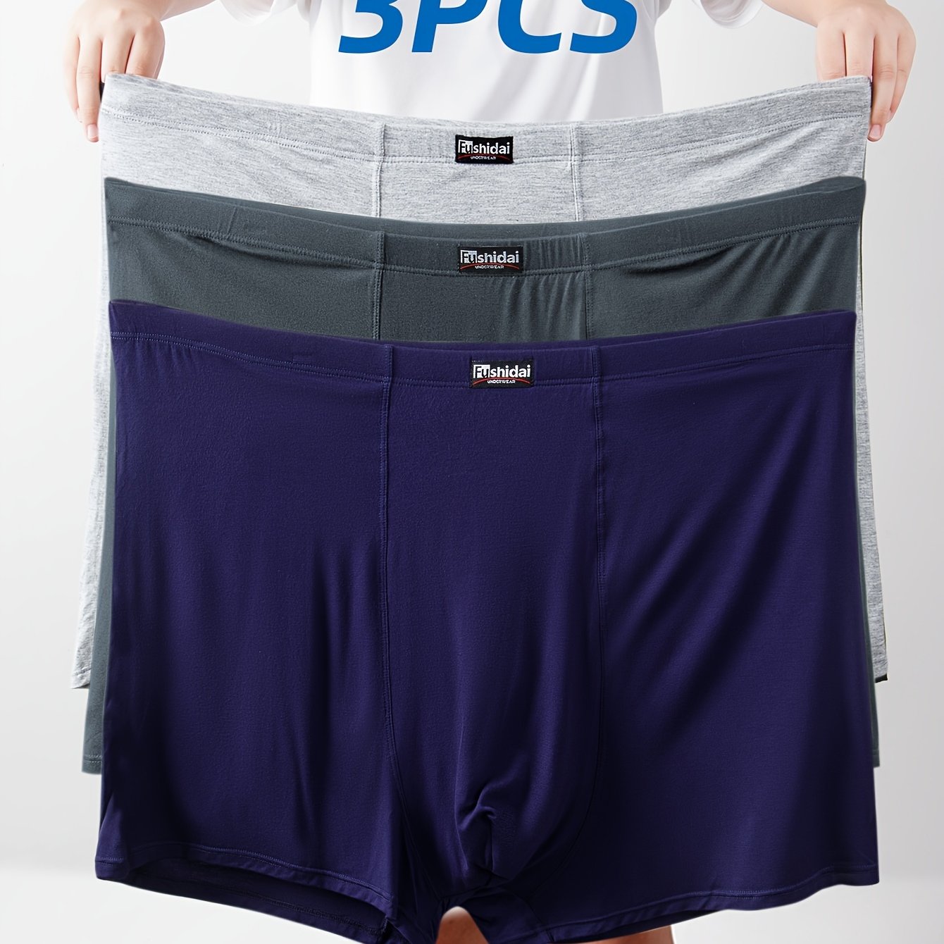 Men's Plus Size High-Waist Boxer Briefs Set 3 Pack Modal Spandex Dark Blue Gray Navy