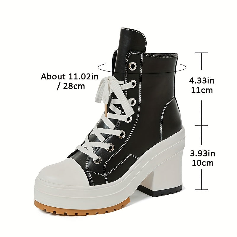 Women's Chunky Platform Ankle Boots Faux Leather Lace-Up Sneakers