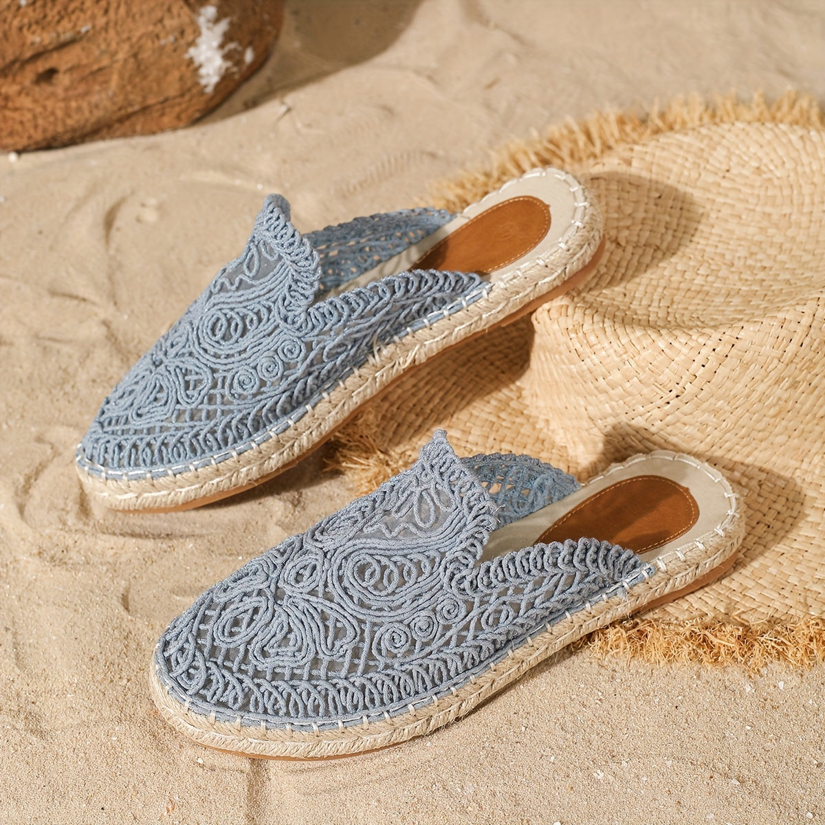 Women Summer Woven Rope Flat Sandals Hollowed-Out Beach Shoes