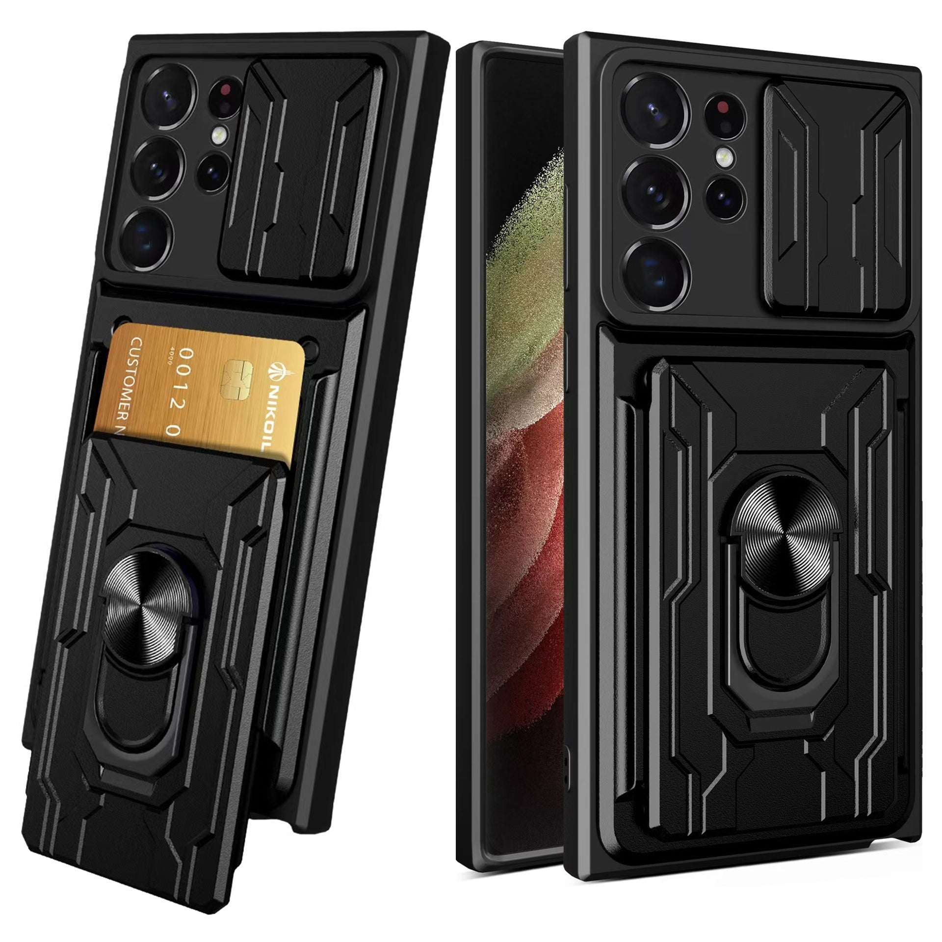 Mobile Phone Case with Sliding Camera Cover Card Holder Shockproof for Galaxy S22 Ultra A73
