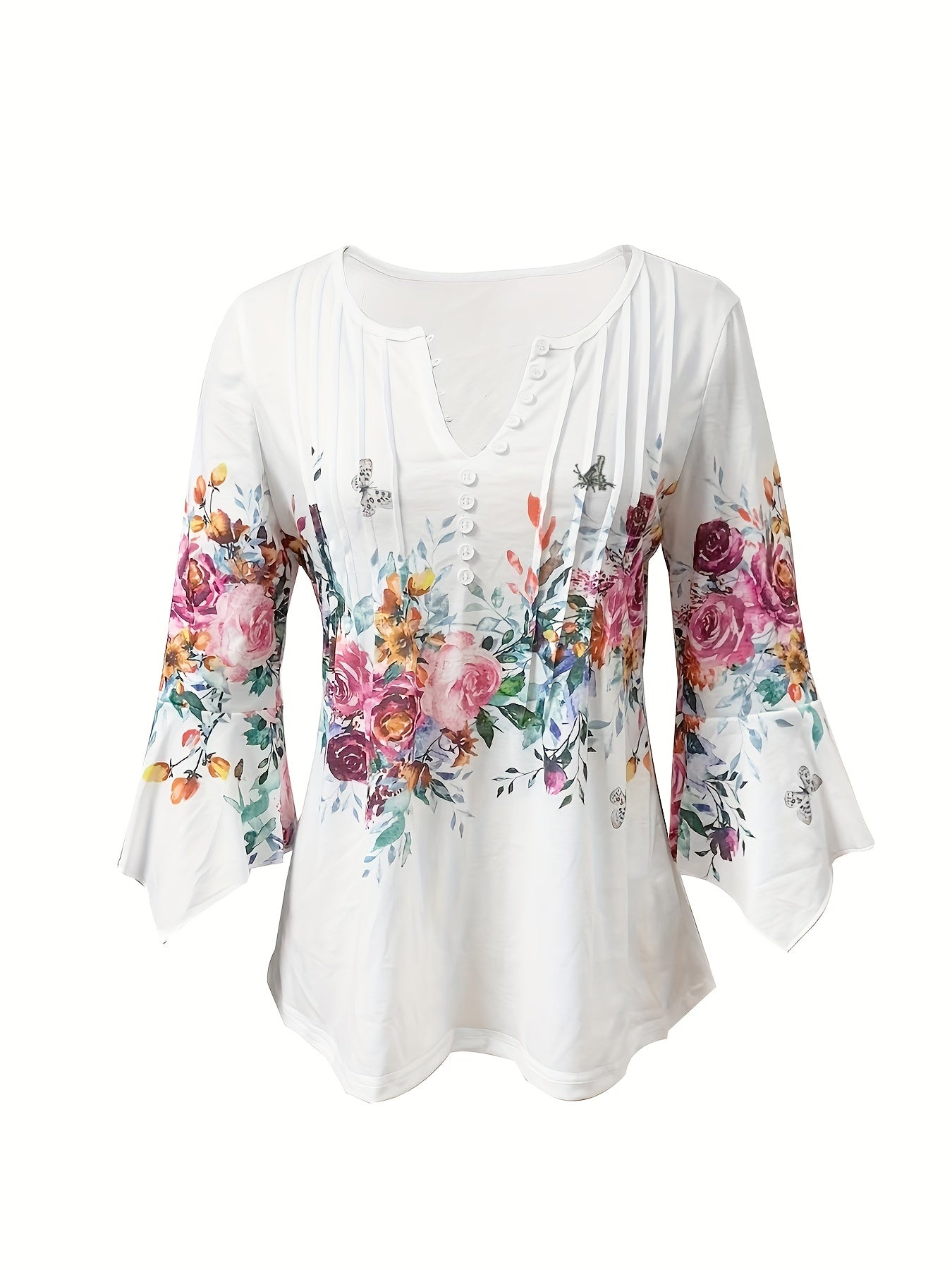 Blusa de mujer con estampado floral y escote en pico para uso casual de verano