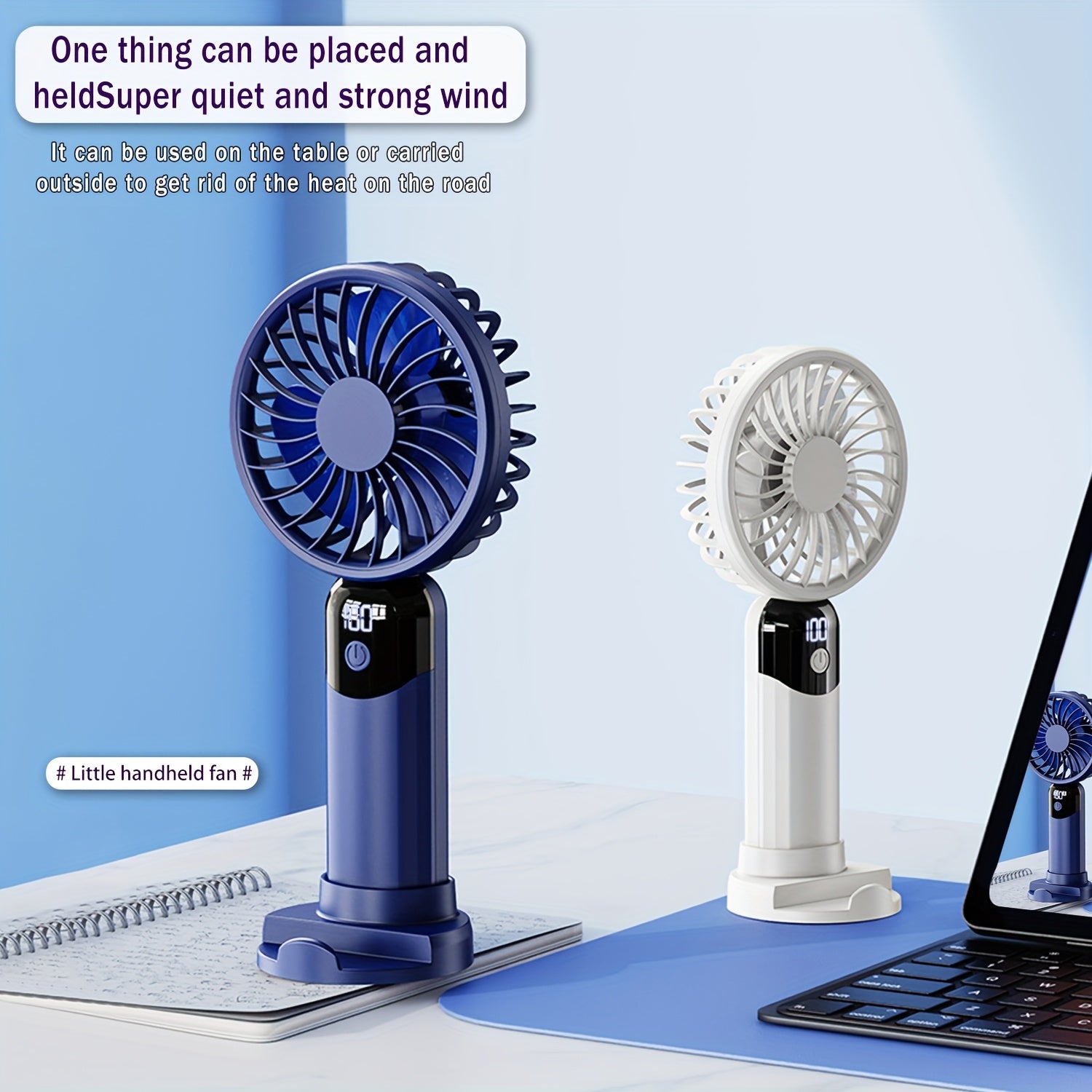 Handheld Fan with LED Display, 6 Speed Settings, Rechargeable Battery, Stable Base Stand for Phone Binge-Watching