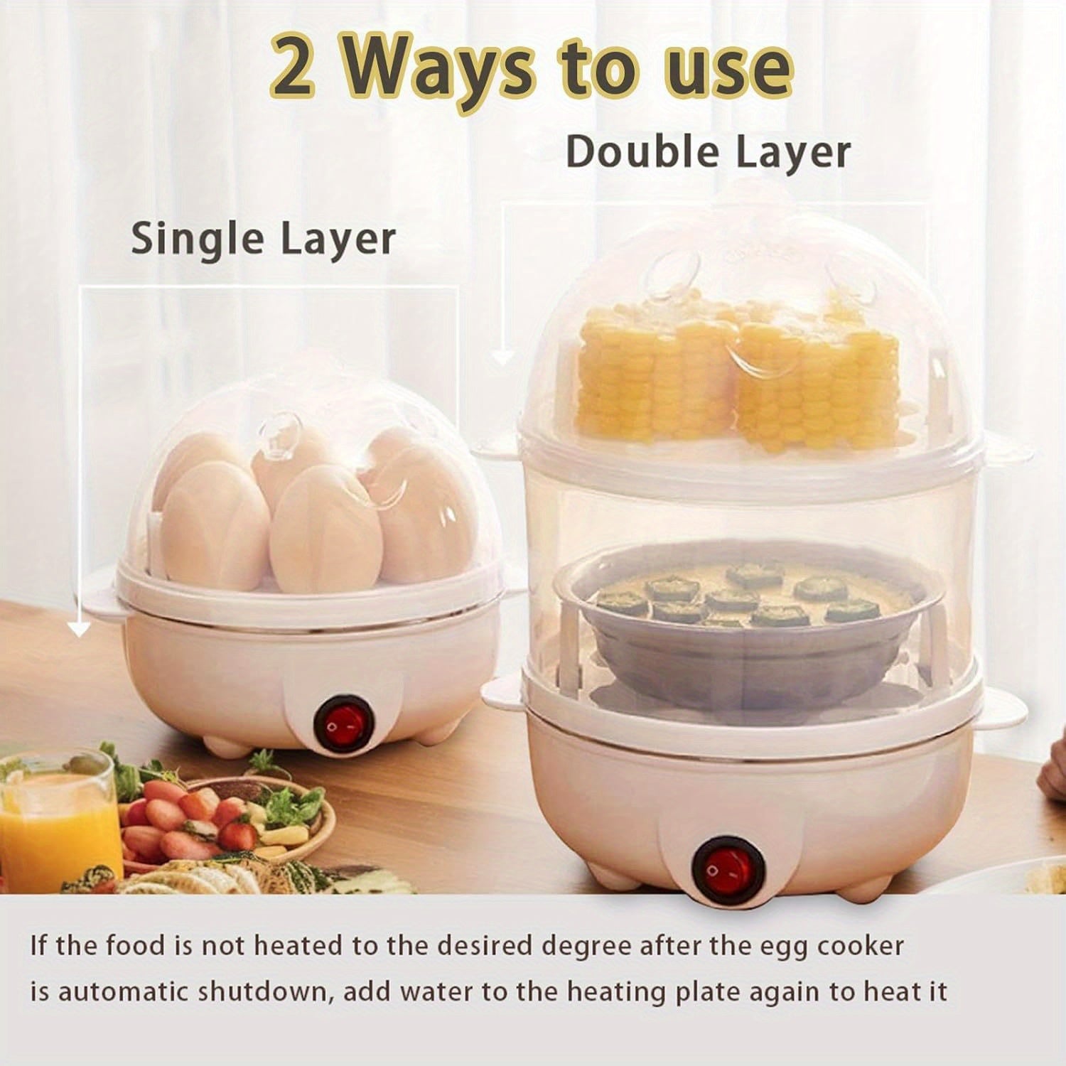 14 ta tuxum sigʻimi va oson nazorat uchun aniq qopqogʻi bilan tuxumni qaynatish va sabzavotlarni bugʻlash uchun zamonaviy oshxona qurilmasi. Mustahkam plastmassadan tayyorlangan.