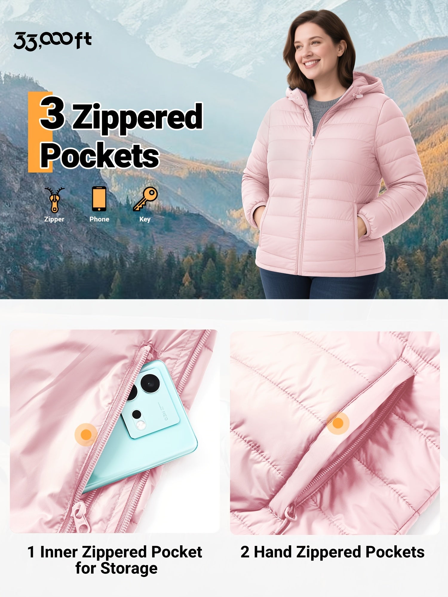 Women's Lightweight Packable Quilted Puffer Jacket with Hood Pink Winter Coat
