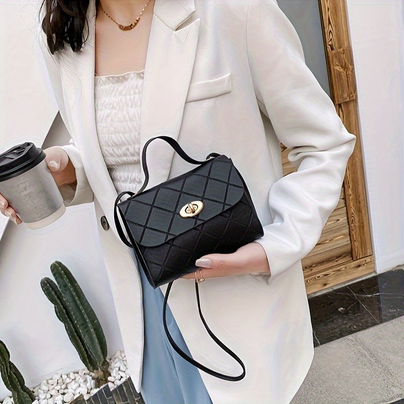 Small Square Handbag with Embossed Design and Quilted Crossbody Strap in Multiple Colors