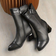 Women's Fleece-Lined Winter Mid-Calf Boots Slip-Resistant Hex Pattern Black
