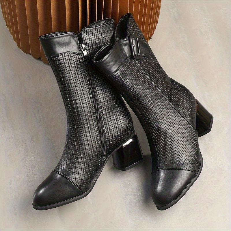 Women's Fleece-Lined Winter Mid-Calf Boots Slip-Resistant Hex Pattern Black
