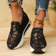 Women's Black Mesh Slip-On Sneakers with Cushioned Sole and Side Zipper