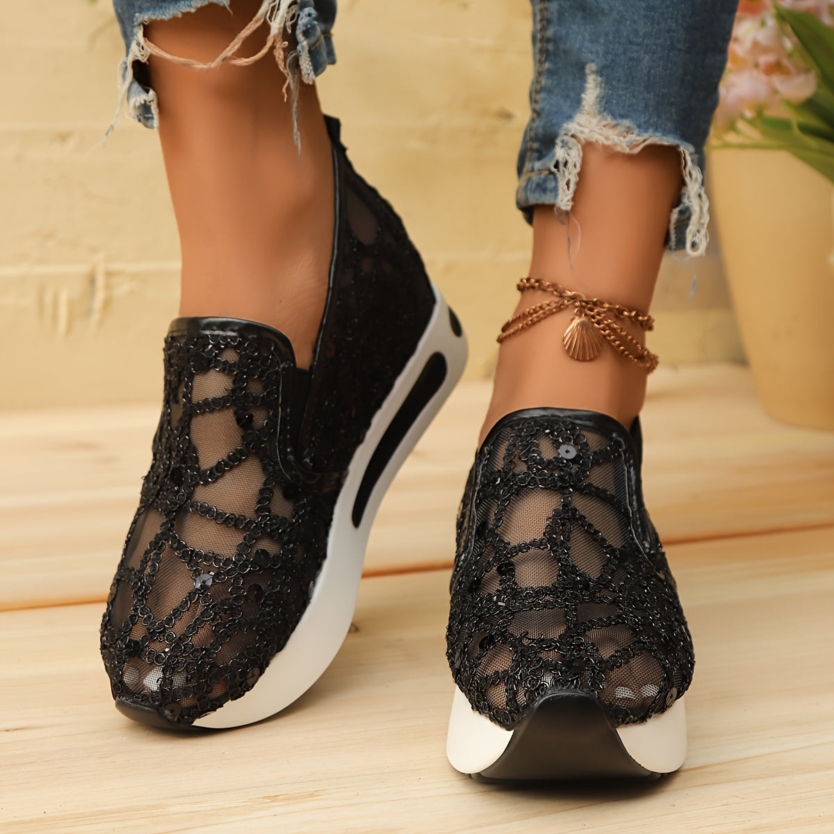 Women's Black Mesh Slip-On Sneakers with Cushioned Sole and Side Zipper