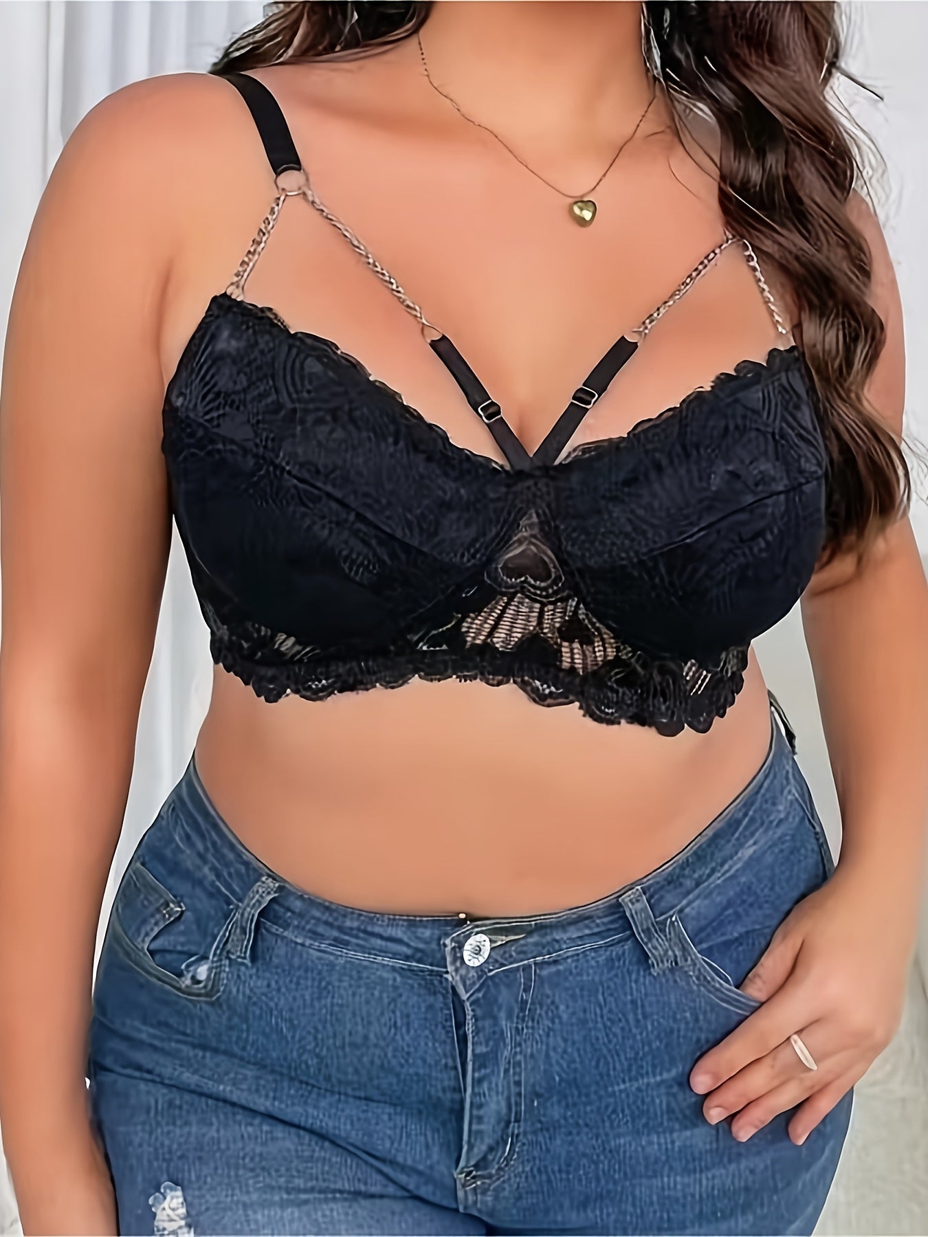 Women's Plus Size Floral Lace Cut Out Strappy Bra with Chain Detail