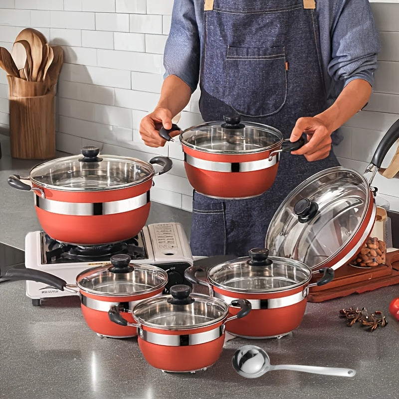 Qizil zanglamas po'latdan yasalgan 13 dona idish-to'plam - Barcha plitalar uchun yopishqoq va issiqqa chidamli idishlar - Qovurish panasi, sosli idish va katta idish bilan to'liq - Sizning oshxonangizga zarur, mustahkam va ko'p funksiyali qo'shimcha