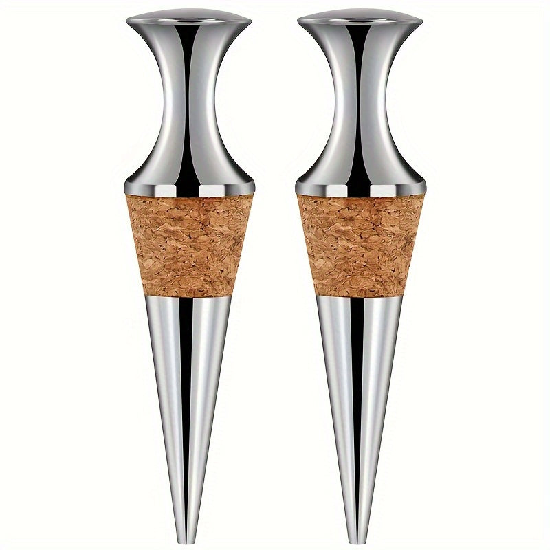 Tapones de vino plateados con tapones de madera, set de dos para conservación de botellas
