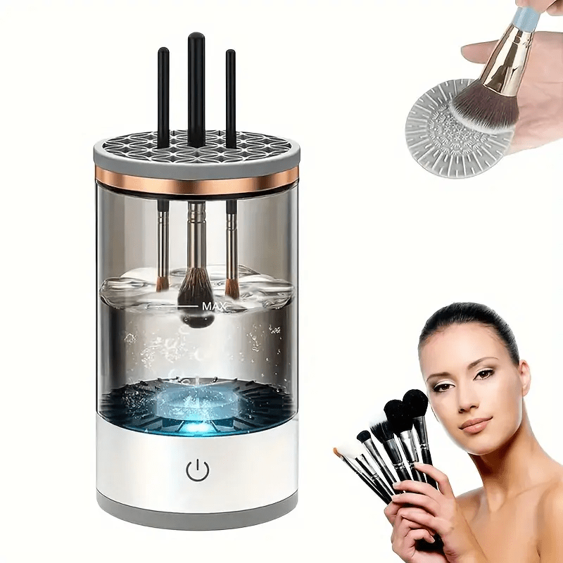 USB-Powered Makeup Brush Cleaner Dryer with Drying Rack Transparent Design Metal Accents Alcohol-Free Portable Durable Plastic
