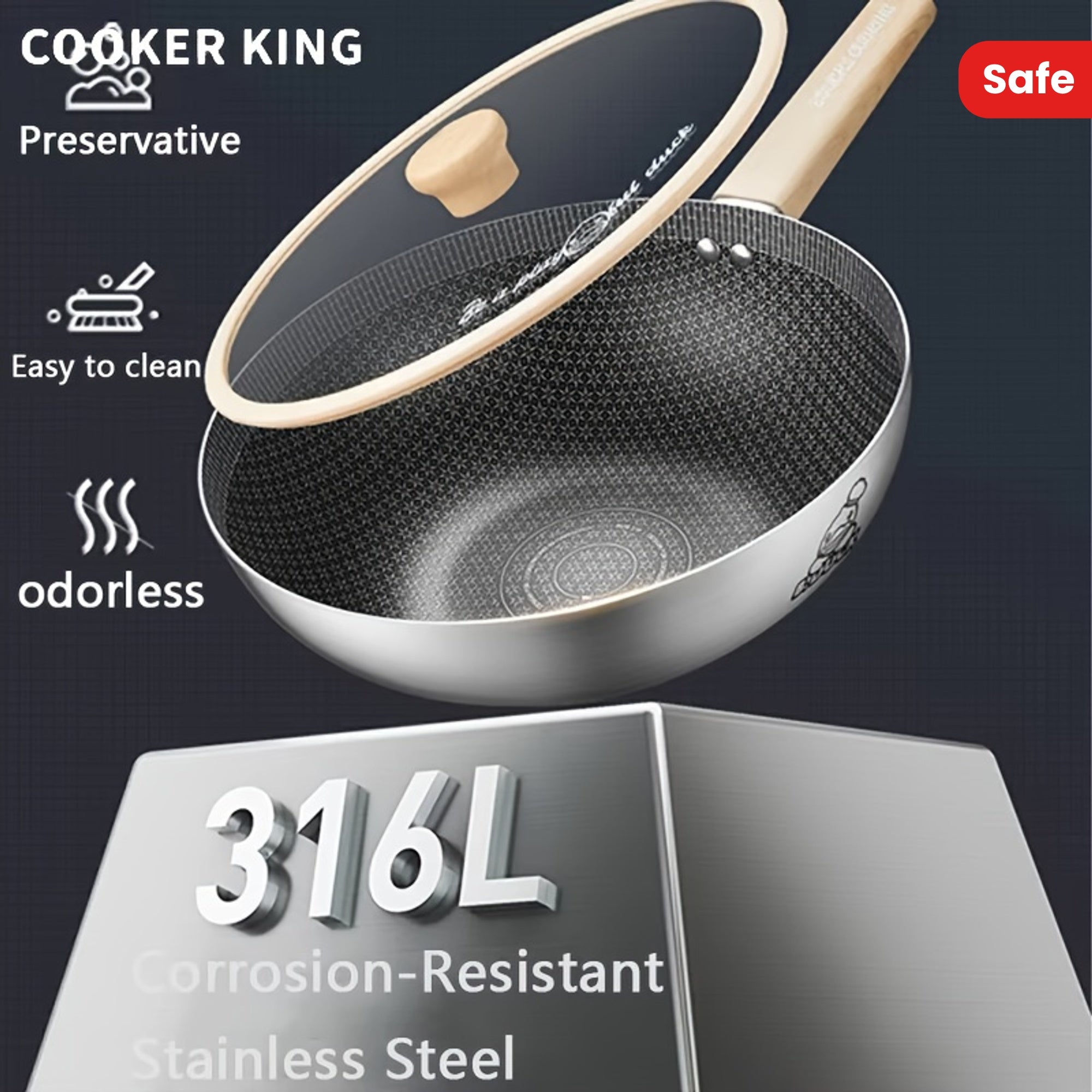 COOKING KING Non-Stick Stainless Steel Wok Pan with Lid PFOA bepul va dishwasher va pechda xavfsiz foydalanish uchun mo'ljallangan. Shuningdek, u induksiya plitkalariga mos keladi, bu uni uy oshxonalari uchun mukammal tanlov qiladi.