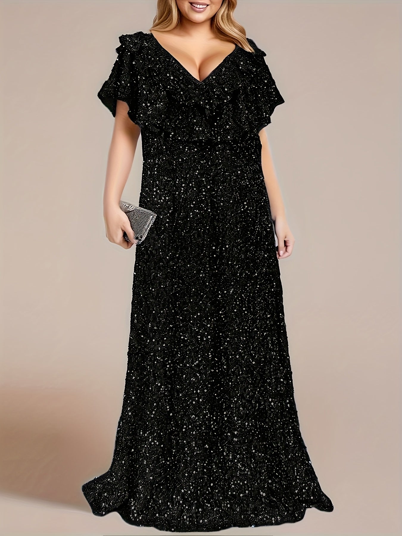 Plus Size Sequin Gown Woman V-Neck Short Sleeve Floor Length Party Dress