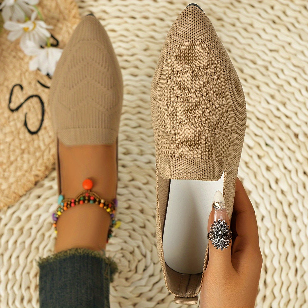 Women's Breathable Slip-On Mary Jane Flats with Fabric Upper and Rubber Sole