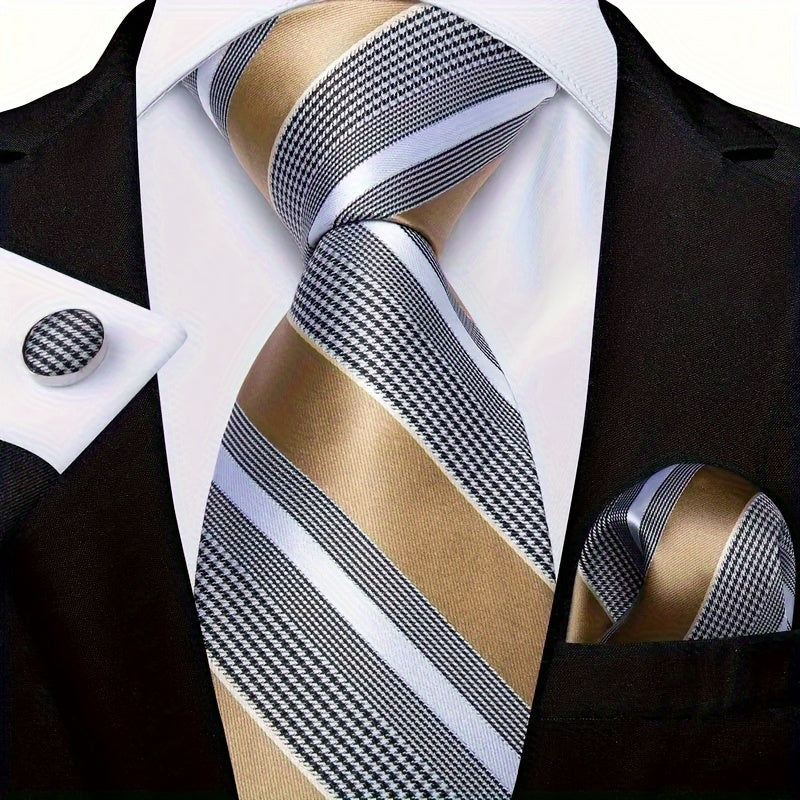 Men's Polyester Necktie Set with Woven Paisley Pattern and Matching Cufflinks for Business and Formal Wear