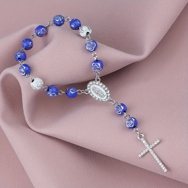 Car Rearview Mirror Beaded Rosary Cross Charm Faux Pearl Alloy Decoration