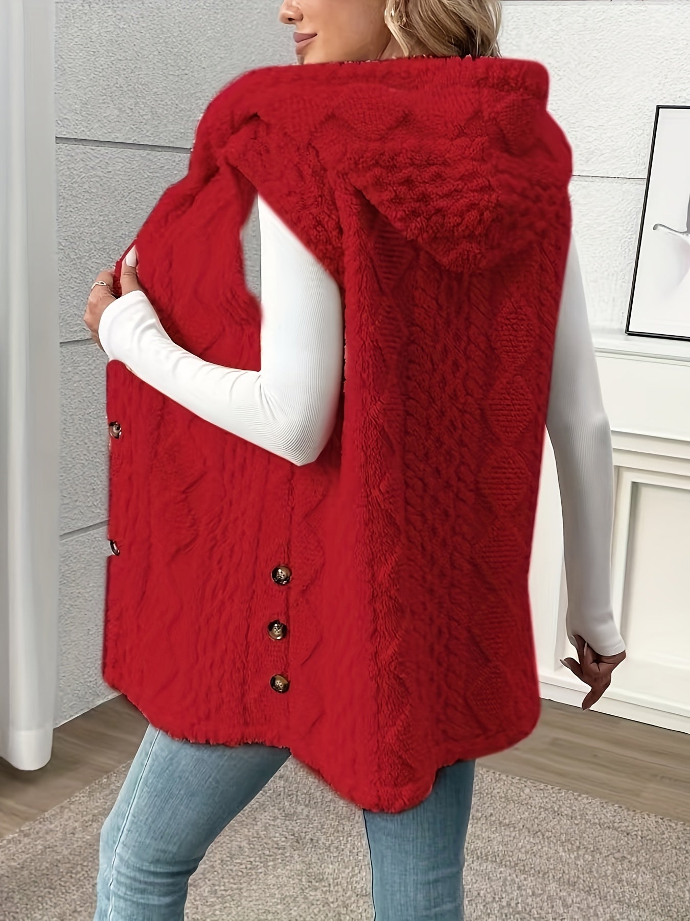 Women's Sleeveless Hooded Vest Solid Color Plush Texture Button Fall Winter Knit Fabric