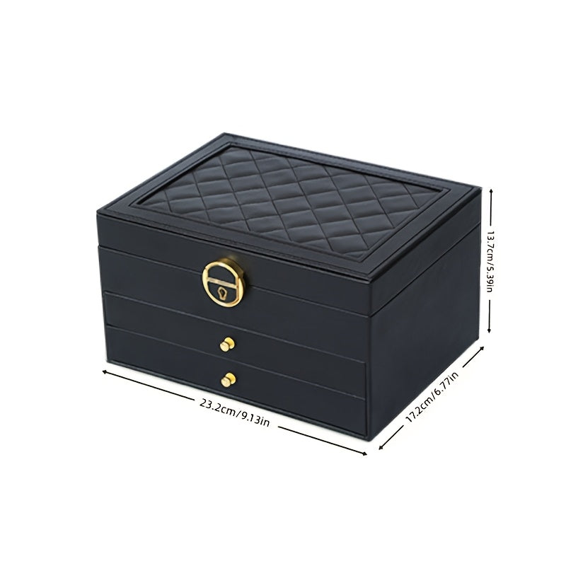 3-qavatli sun'iy charmli zargarlik saqlash qutisi, qulflangan, yumshoq qoplamali tortmalar. Marjonlar, bilakuzuklar, soatlar uchun keng joy. Yashil va oq ranglarda mavjud. Ayollar uchun mukammal sovg'a va