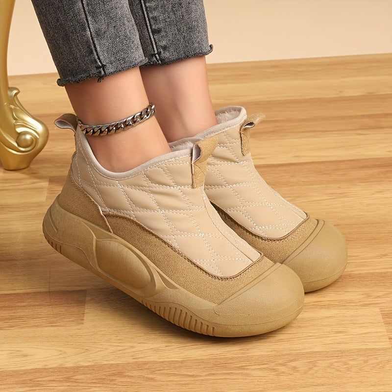 Unisex Fleece-Lined Snow Boots Quilted Winter Shoes Beige