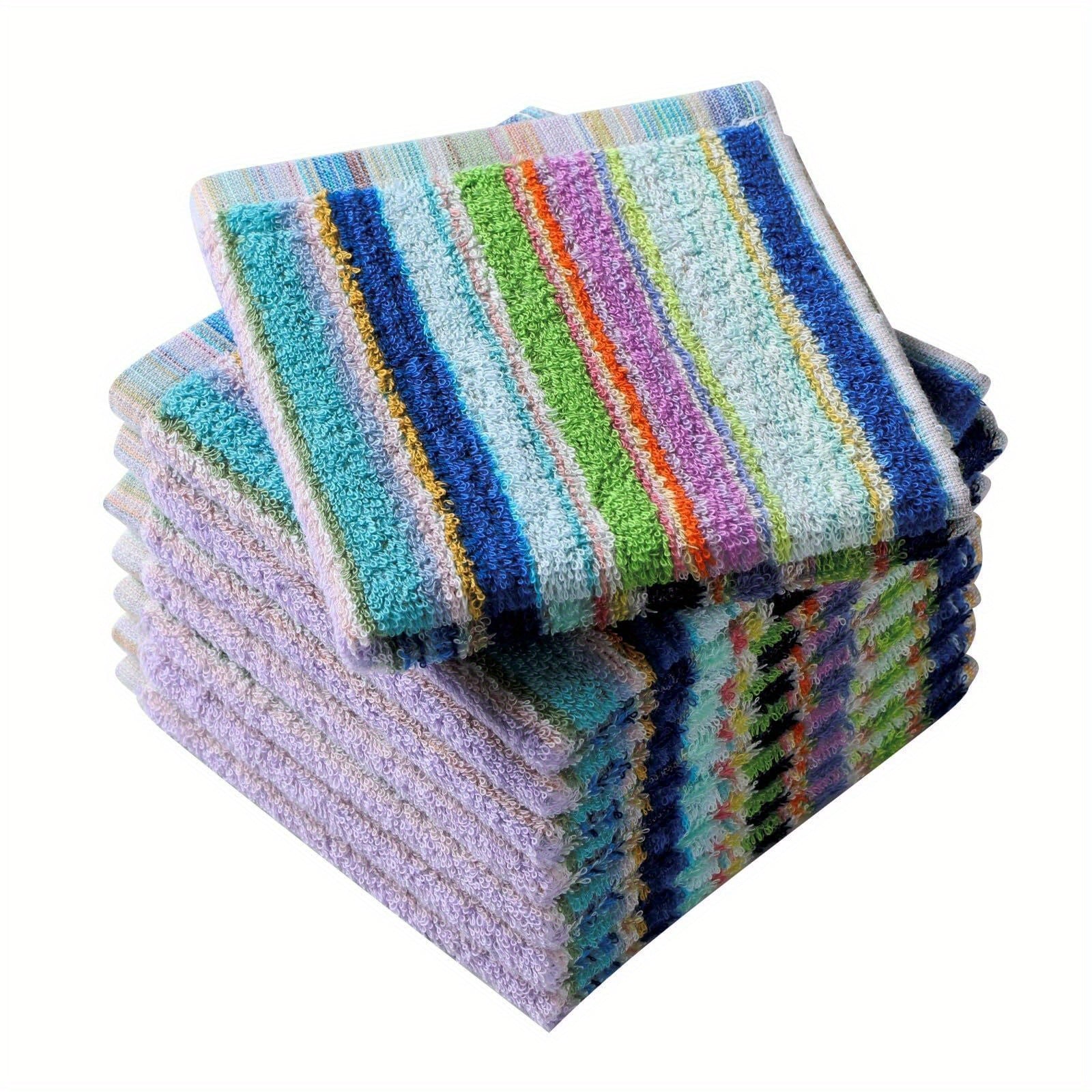 Set of 6 Cotton Washcloths with Hanging Loop, Striped Knit Fabric, Soft Absorbent, 500 GSM