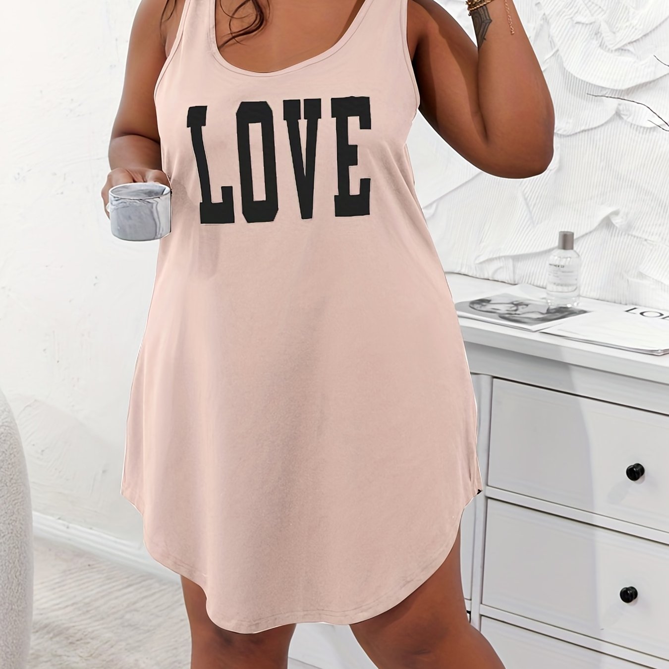 Women's Plus Size Light Blue Love Print Sleeveless Sleep Dress with Shoulder Cut-Outs