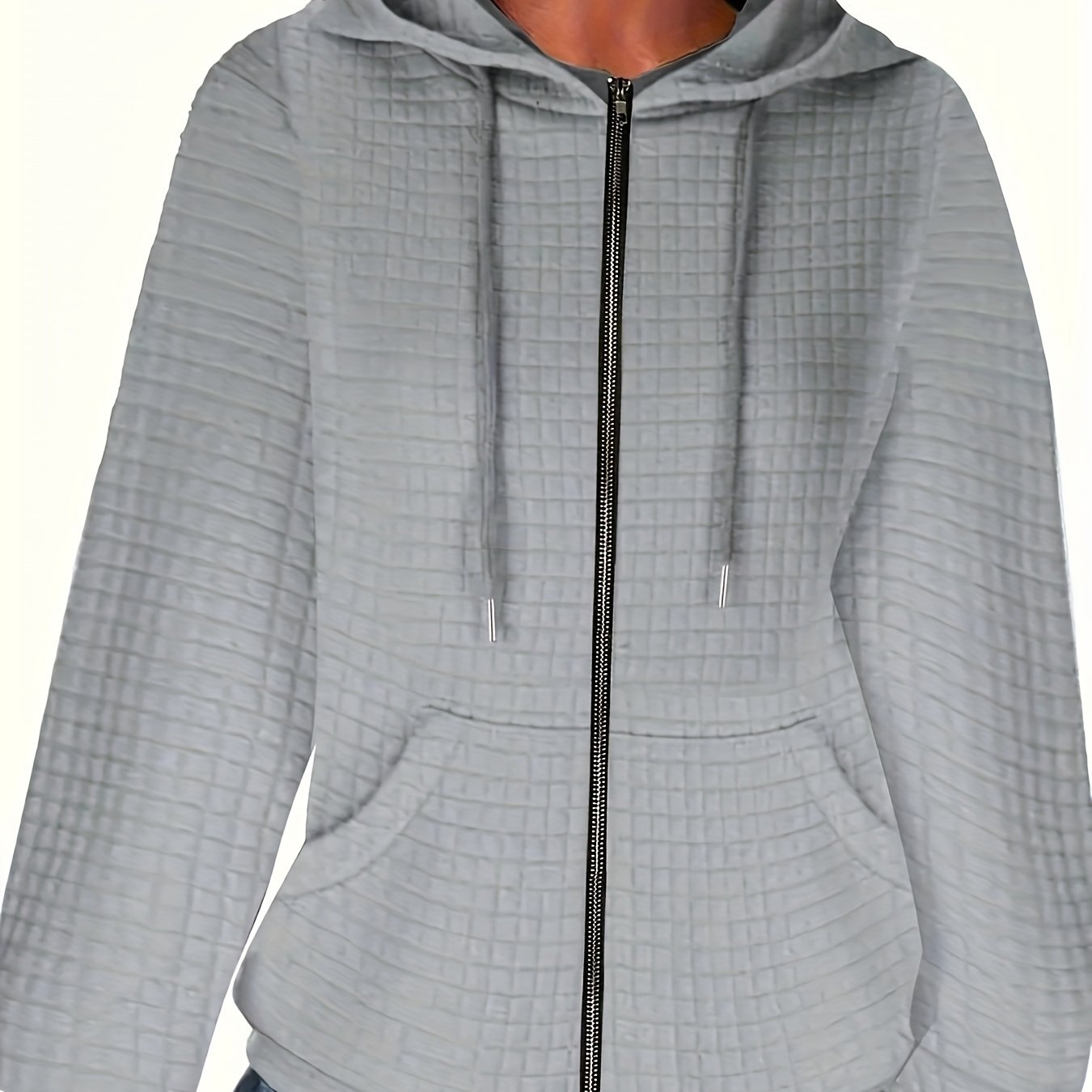 Sudadera con capucha de waffle para mujer talla grande con bolsillos con cremallera y cordón