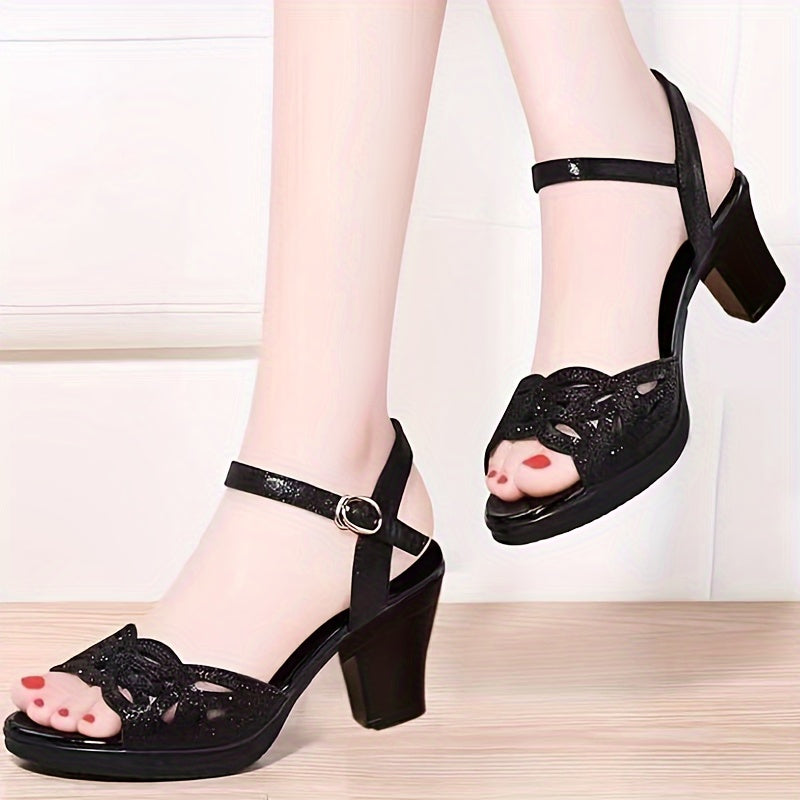 Women's Summer Fish Mouth Sandals with Rhinestones Thick Heel Open Toe Ankle Strap
