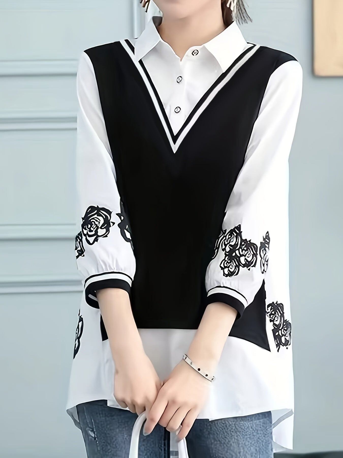Women's White and Black Chiffon Shirt with Floral Print and Polo Collar