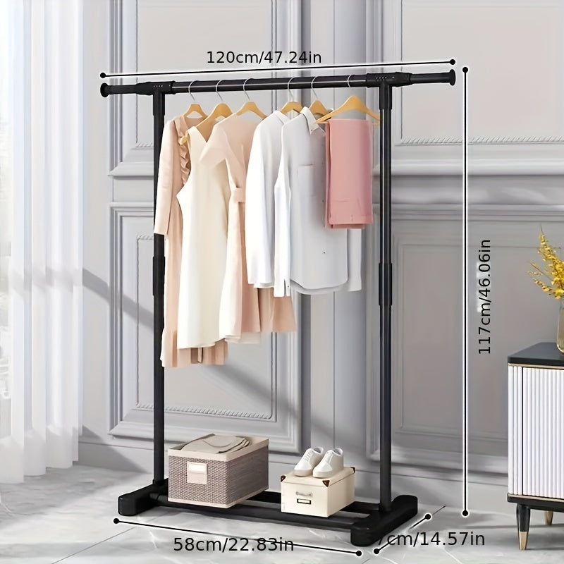 Metal Clothes Rack with Shelf and Hooks for Bedroom and Balcony Storage