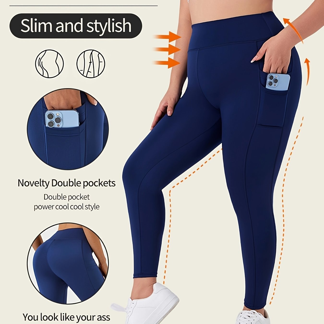 Plus Size Women Solid High-Waisted Leggings Stretchy Pockets Casual