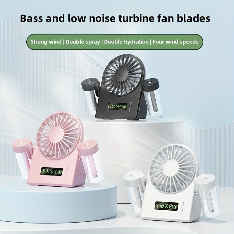 USB Rechargeable Portable Fan with Adjustable Speeds, Rotatable Head, Mist Spray and Digital Display