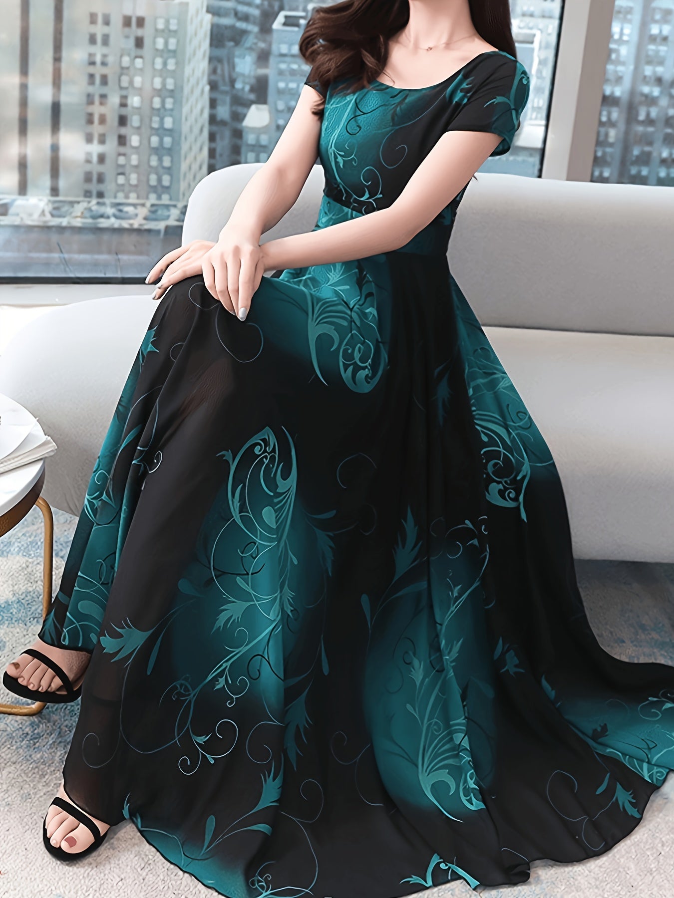 Women's Polyester Dress with Floral Print Crew Neck Spring Autumn Elegant No Stretch