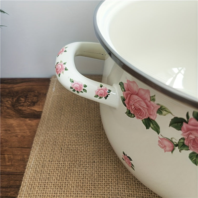 Vintage gullar naqshli emal qozon, qopqoq bilan, 20 sm, tutqichli pishirish qozoni - sho'rvalar, qozonlar va loviya uchun mukammal! Induksion va gaz pechlari bilan mos keladi.