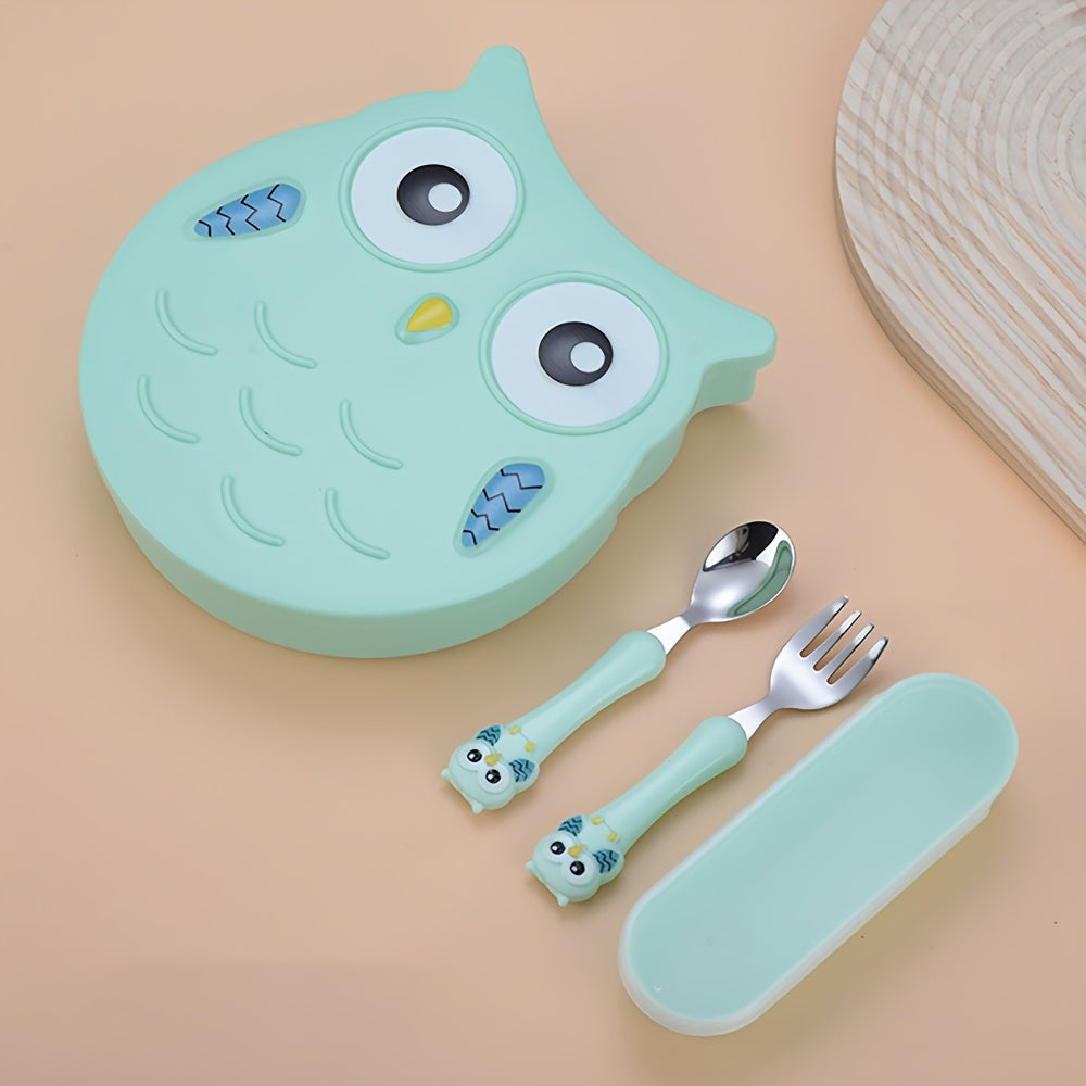 Kids Dinnerware Set 3-Piece Owl-Shaped Non-Toxic Polypropylene with Feeding Plate and Cutlery in Blue Pink Green Orange