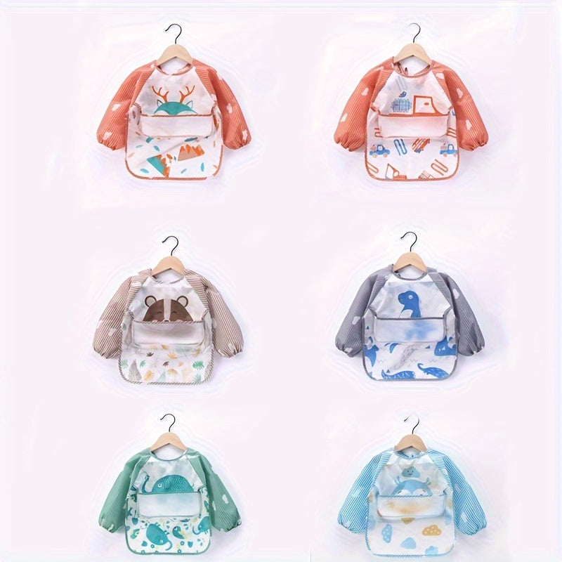 Kids Waterproof Feeding Bib with Pockets Cartoon Design Soft Material Long Sleeved Smock