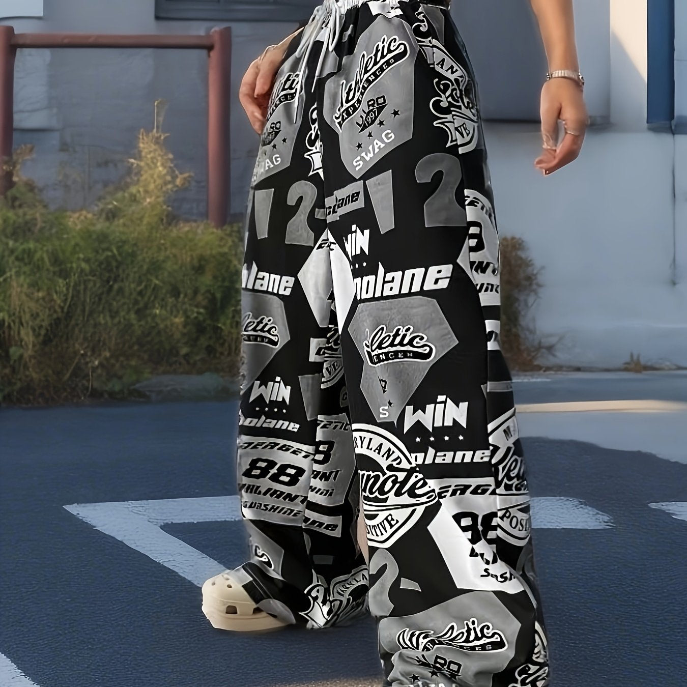 Women's Y2K Style Wide Leg Casual Soccer Pants with Letter Print Polyester Knit Drawstring Waist All-Season