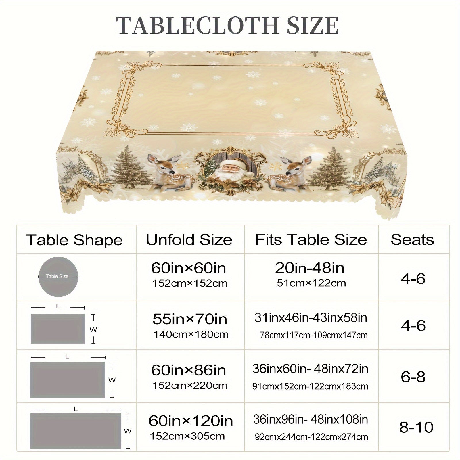 Vintage Santa and Reindeer Tablecloth White and Gold for Holiday Dining in 4 Sizes