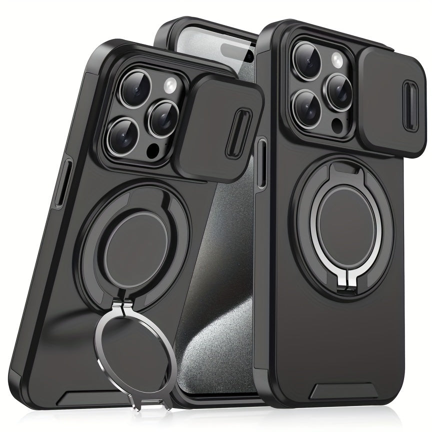 iPhone Case with Sliding Camera Cover Full Protection Shockproof Matte TPU Ring Holder Magnetic Car Bracket