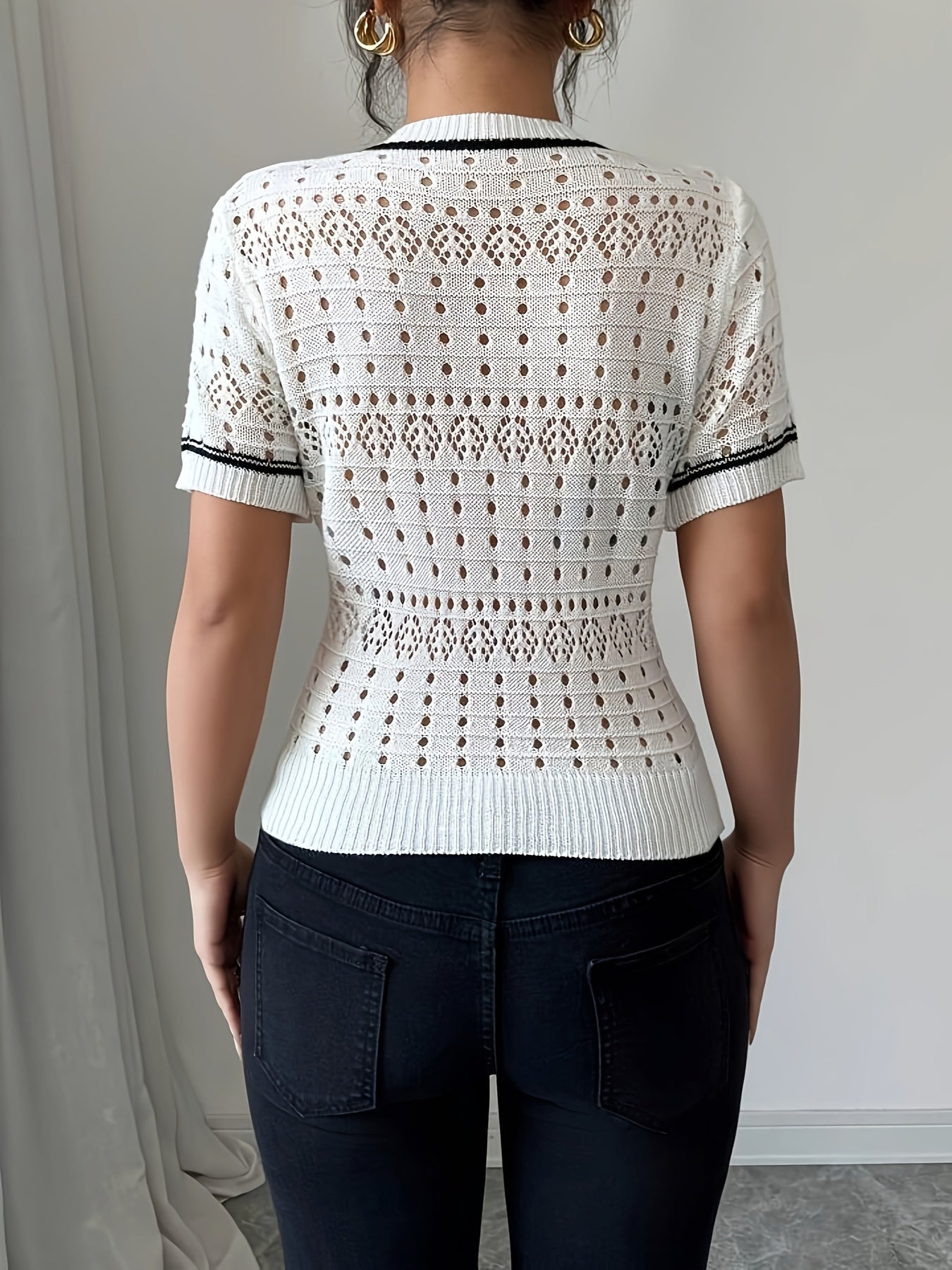 Women's Knit Summer Short Sleeve Top Round Neck Breathable Lace Pullover