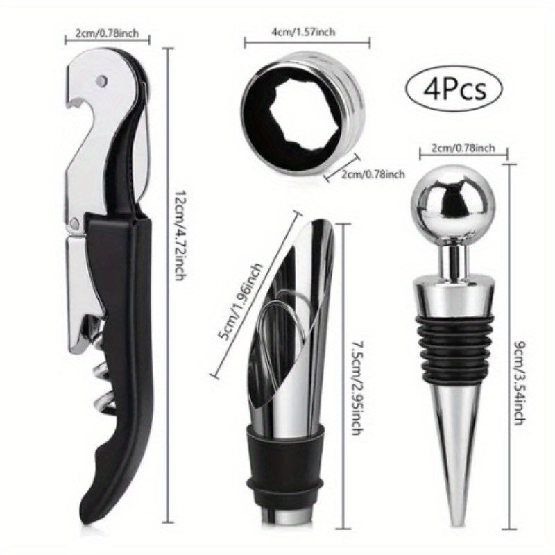 Stainless Steel Wine Opener Set with Corkscrew, Pourer, Stopper and Knife