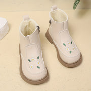 Girls Ankle Boots Floral Embroidery PU Upper Rubber Sole Zipper Closure Fall Winter