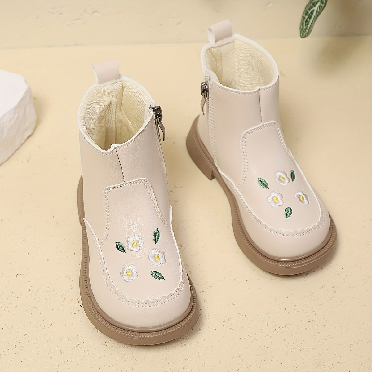 Girls Ankle Boots Floral Embroidery PU Upper Rubber Sole Zipper Closure Fall Winter