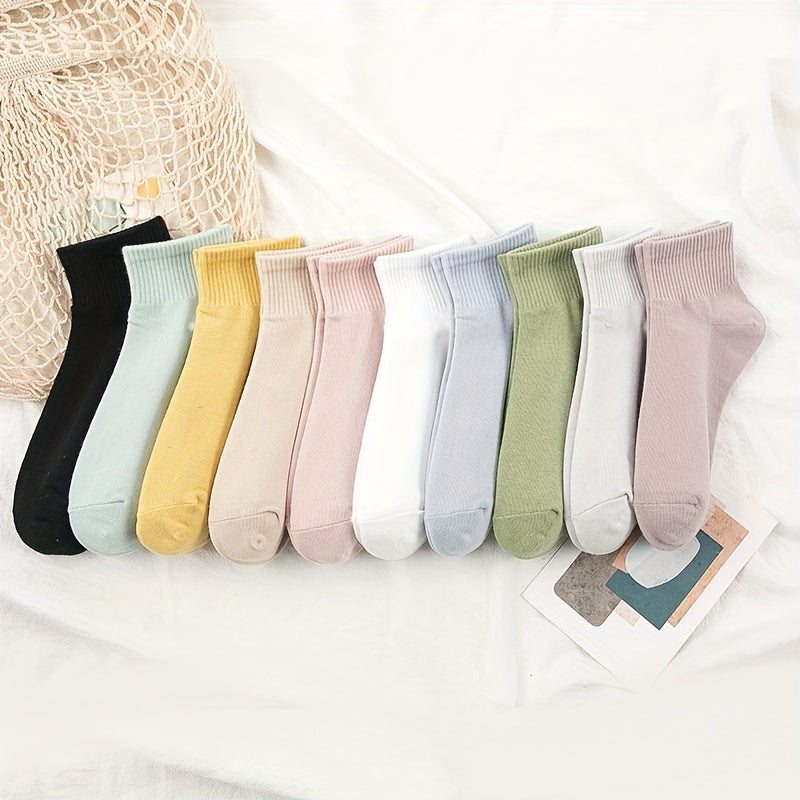Women’s Crew Socks 10 Pairs Solid Color Comfortable Knit Polyester Spandex